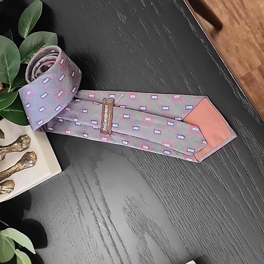 YSL VINTAGE 80s YVES SAINT LAURENT Mens Silk Tie Suit Gray Geometric Retro - Picture 6 of 13
